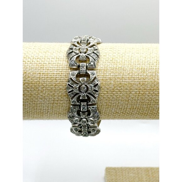 VINTAGE 1930'S KTF TRIFARI ART DECO RHINESTONE BRACELET SIGNED RHODIUM PLATED - Picture 3 of 10